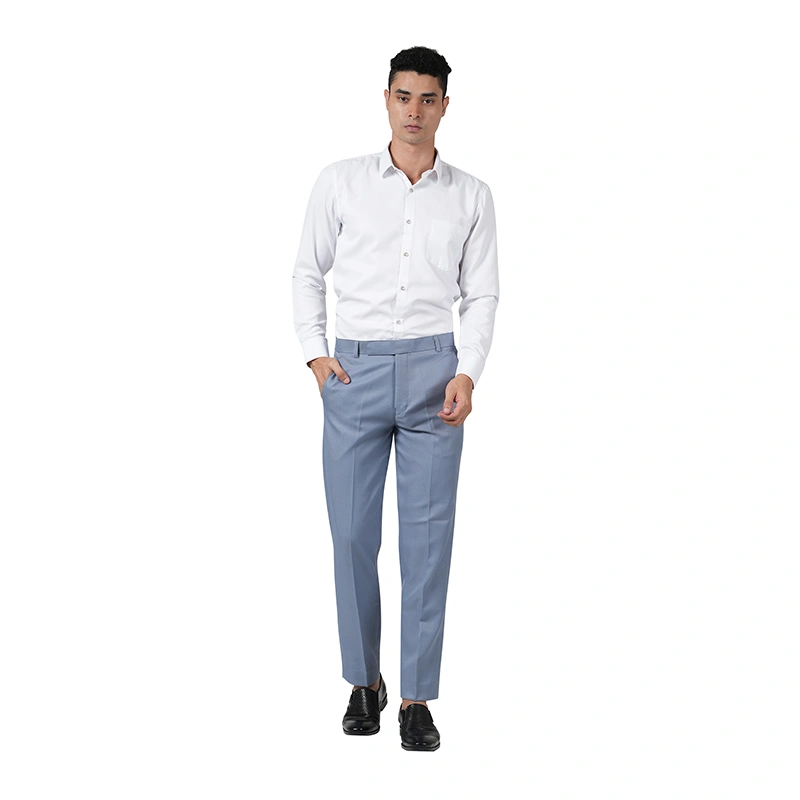 Male model in white formal shirt with steel blue formal trousers and black leather shoes - menswear ecommerce photography by Lohar Studio Delhi